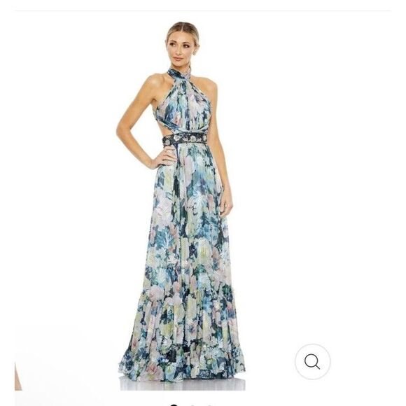 Mac Duggal Floral Halter Cut Out Evening Gown Beaded Belt Ruffle Dress Sz 12 NWT - Picture 2 of 9